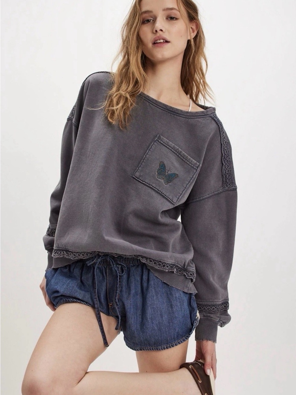 Free People Golden Hour Sweatshirt Butterfly Lace Trim Washed Black